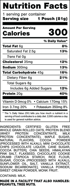 Nutrition Facts.
Serving Size: 1 Pouch (81gram).
Calories: 300.
Total Fat: 6gram 8%.
Saturated Fat: 2.5gram 8%.
Trans Fat: 0gram.
Cholesterol: 35mg 12%.
Sodium: 300mg 13%.
Total Carbohydrates: 45gram 16%.
Dietary Fiber: 6gram 21%.
Total Sugars: 8gram.
Includes: 6gram Added Sugars 12%.
Protein: 20gram 40%.
Vitamin D: 0mcg 0%.
Calcium: 170mg 15%.
Iron: 3.7mg 20%.
Potassium: 350mg 8%.

INGREDIENTS: CERTIFIED GLUTEN FREE WHOLE GRAIN ROLLED OATS, PROTEIN BLEND (WHEY PROTEIN CONCENTRATE, MILK PROTEIN CONCENTRATE), MAPLE SUGAR, NATURAL FLAVORS, COCOA POWDER (PROCESSED WITH ALKALI), MINI CHOCOLATE CHIPS [CHOCOLATE LIQUOR, CANE SUGAR, COCOA BUTTER], CHIA SEEDS, HIMALAYAN PINK SALT, FLAXSEED, CHOCOLATE COOKIE CRUMB [TAPIOCA STARCH, RICE FLOUR, SUGAR, COCOA (PROCESSED WITH ALKALI), SUNFLOWER OIL, SALT, VANILLA EXTRACT, SODIUM BICARBONATE], VANILLA POWDER, SWEET CREAM POWDER, MONK FRUIT.

CONTAINS: MILK.

MADE IN A FACILITY THAT ALSO HANDLES: PEANUTS, TREE NUTS.

