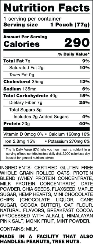 Nutrition Facts.
Serving Size: 1 Pouch (77gram).
Calories: 290.
Total Fat: 6gram 8%.
Saturated Fat: 1.5gram 8%.
Trans Fat: 0gram.
Cholesterol: 35mg 12%.
Sodium: 135mg 6%.
Total Carbohydrates: 40gram 15%.
Dietary Fiber: 7gram 25%.
Total Sugars: 8gram.
Includes: 3gram Added Sugars 6%.
Protein: 20gram 40%.
Vitamin D: 0mcg 0%.
Calcium: 160mg 10%.
Iron: 2.7mg 15%.
Potassium: 270mg 6%.

INGREDIENTS: CERTIFIED GLUTEN FREE WHOLE GRAIN ROLLED OATS, PROTEIN BLEND (WHEY PROTEIN CONCENTRATE, MILK PROTEIN CONCENTRATE) DATE POWDER, CHIA SEEDS, FLAXEED, MAPLE SUGAR, HEMP HEARTS, MINI CHOCOLATE CHIPS [SUGAR, UNSWEETENED CHOCOLATE, COCOA BUTTER], OAT FLOUR, NATURAL FLAVORS, COCOA POWDER (PROCESSED WITH ALKALI), HIMALAYAN PINK SALT, MONK FRUIT, MINT POWDER. CONTAINS: MILK
