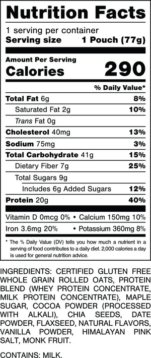 Nutrition Facts.
Serving Size: 1 Pouch (77gram).
Calories: 290.
Total Fat: 6gram 8%.
Saturated Fat: 2gram 10%.
Trans Fat: 0gram.
Cholesterol: 40mg 13%.
Sodium: 75mg 3%.
Total Carbohydrates: 41gram 15%.
Dietary Fiber: 7gram 25%.
Total Sugars: 9gram.
Includes: 6gram Added Sugars 12%.
Protein: 20gram 40%.
Vitamin D: 0mcg 0%.
Calcium: 150mg 10%.
Iron: 3.6mg 20%.
Potassium: 360mg 8%.

INGREDIENTS: CERTIFIED GLUTEN FREE WHOLE GRAIN ROLLED OATS, PROTEIN BLEND (WHEY PROTEIN CONCENTRATE, MILK PROTEIN CONCENTRATE), MAPLE SUGAR, COCOA POWDER (PROCESSED WITH ALKALI), CHIA SEEDS, DATE POWDER, FLAXSEED, NATURAL FLAVORS, VANILLA POWDER, HIMALAYAN PINK SALT, MONK FRUIT.
CONTAINS: MILK.