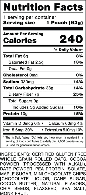 Nutrition Facts.
Serving Size: 1 Pouch (63gram).
Calories: 240.
Total Fat: 6gram 8%.
Saturated Fat: 2.5gram 13%.
Trans Fat: 0gram.
Cholesterol: 0mg 0%.
Sodium: 330mg 14%.
Total Carbohydrates: 38gram 14%.
Dietary Fiber: 7gram 25%.
Total Sugars: 9gram.
Includes: 5gram Added Sugars 10%.
Protein: 10gram 15%.
Vitamin D: 0mcg 0%.
Calcium: 60mg 4%.
Iron: 5.6mg 30%.
Potassium: 510mg 10%.

INGREDIENTS: CERTIFIED GLUTEN FREE WHOLE GRAIN ROLLED OATS, COCOA POWDER (PROCESSED WITH ALKALI), DATE POWDER, PEA PROTEIN ISOLATE, MAPLE SUGAR, MINI CHOCOLATE CHIPS [CHOCOLATE LIQUOR, CANE SUGAR, COCOA BUTTER), NATURAL FLAVORS, CHIA SEEDS, FLAXSEED, SEA SALT, MONK FRUIT.