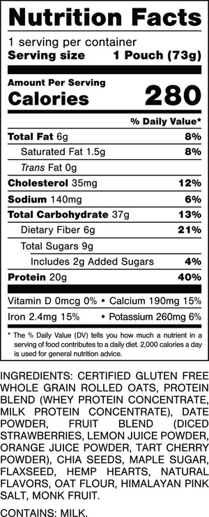 Nutrition Facts.
Serving Size: 1 Pouch (73gram).
Calories: 280.
Total Fat: 6gram 8%.
Saturated Fat: 1.5gram 8%.
Trans Fat: 0gram.
Cholesterol: 35mg 12%.
Sodium: 140mg 6%.
Total Carbohydrates: 37gram 13%.
Dietary Fiber: 6gram 21%.
Total Sugars: 9gram.
Includes: 2gram Added Sugars 4%.
Protein: 20gram 40%.
Vitamin D: 0mcg 0%.
Calcium: 190mg 15%.
Iron: 2.4mg 15%.
Potassium: 260mg 6%.

INGREDIENTS: CERTIFIED GLUTEN FREE WHOLE GRAIN ROLLED OATS, PROTEIN BLEND (WHEY PROTEIN CONCENTRATE, MILK PROTEIN CONCENTRATE), DATE POWDER, FRUIT BLEND (DICED STRAWBERRIES, LEMON JUICE POWDER, ORANGE JUICE POWDER, TART CHERRY POWDER), CHIA SEEDS, MAPLE SUGAR, FLAXSEED, HEMP HEARTS, NATURAL FLAVORS, OAT FLOUR, HIMALAYAN PINK SALT, MONK FRUIT. CONTAINS: MILK.