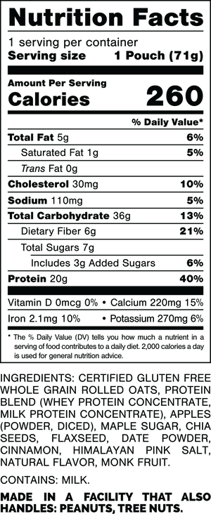 Nutrition Facts.
Serving Size: 1 Pouch (77gram).
Calories: 290.
Total Fat: 5gram 6%.
Saturated Fat: 1.5gram 8%.
Trans Fat: 0gram.
Cholesterol: 50mg 17%.
Sodium: 70mg 3%.
Total Carbohydrates: 38gram 14%.
Dietary Fiber: 7gram 25%.
Total Sugars: 5gram.
Includes: 1gram Added Sugars 2%.
Protein: 22gram.
Vitamin D: 0mcg 0%.
Calcium: 140mg 10%.
Iron: 2.6mg 15%.
Potassium: 210mg 4%.

INGREDIENTS: CERTIFIED GLUTEN FREE WHOLE GRAIN ROLLED OATS, WHEY PROTEIN CONCENTRATE, POWDERED GRANNY SMITH APPLES, CINNAMON, MACA ROOT, CHIA SEEDS, FLAXSEED, MAPLE SUGAR, VANILLA BEAN. HIMALAYAN PINK SALT, ACESULFAME POTASSIUM, SUCRALOSE. CONTAINS: MILK.