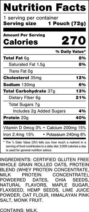 Nutrition Facts.
Serving Size: 1 Pouch (72gram).
Calorie:s 270.
Total Fat: 6gram 8%.
Saturated Fat: 1.5gram 8%.
Trans Fat: 0gram.
Cholesterol: 35mg 12%.
Sodium: 130mg 6%.
Total Carbohydrates: 37gram 13%.
Dietary Fiber: 6gram 21%.
Total Sugars: 7gram.
Includes: 2gram Added Sugars 4%.
Protein: 20gram 40%.
Vitamin D: 0mcg 0%.
Calcium: 200mg 15%.
Iron: 2.4mg 15%.
Potassium: 240mg 6%.

INGREDIENTS: CERTIFIED GLUTEN FREE WHOLE GRAIN ROLLED OATS, PROTEIN BLEND (WHEY PROTEIN CONCENTRATE, MILK PROTEIN CONCENTRATE), POWDERED DATES, CHIA SEEDS, NATURAL FLAVORS, MAPLE SUGAR, FLAXSEED, HEMP SEEDS, LIME JUICE POWDER, OAT FLOUR, HIMALAYAN PINK SALT, MONK FRUIT.
CONTAINS: MILK.