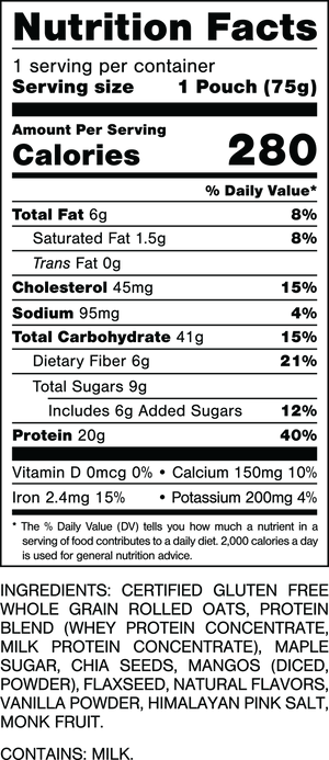 Nutrition Facts.
Serving Size: 1 Pouch (75gram).
Calories: 280.
Total Fat: 6gram 8%.
Saturated Fat: 1.5gram 8%.
Trans Fat: 0gram.
Cholesterol: 45mg 15%.
Sodium: 95mg 4%.
Total Carbohydrates: 41gram 15%.
Dietary Fiber: 6gram 21%.
Total Sugars: 9gram.
Includes 6gram Added Sugars 12%.
Protein: 20gram 40%.
Vitamin D: 0mcg 0%.
Calcium: 150mg 10%.
Iron: 2.4mg 15%.
Potassium: 200mg 4%.

INGREDIENTS: CERTIFIED GLUTEN FREE WHOLE GRAIN ROLLED OATS, PROTEIN BLEND (WHEY PROTEIN CONCENTRATE, MILK PROTEIN CONCENTRATE), MAPLE SUGAR, CHIA SEEDS, MANGOS (DICED, POWDER), FLAXSEED, NATURAL FLAVORS, VANILLA POWDER, HIMALAYAN PINK SALT, MONK FRUIT. CONTAINS: MILK.